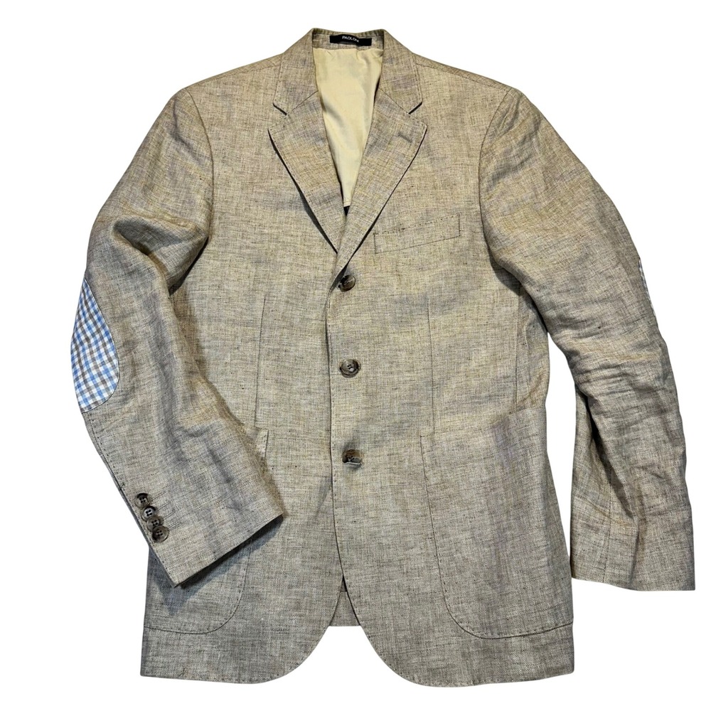 Paoloni Blazer Men Medium Tan Herringbone Gingham‎ Elbow Patch Preppy 100% Linen